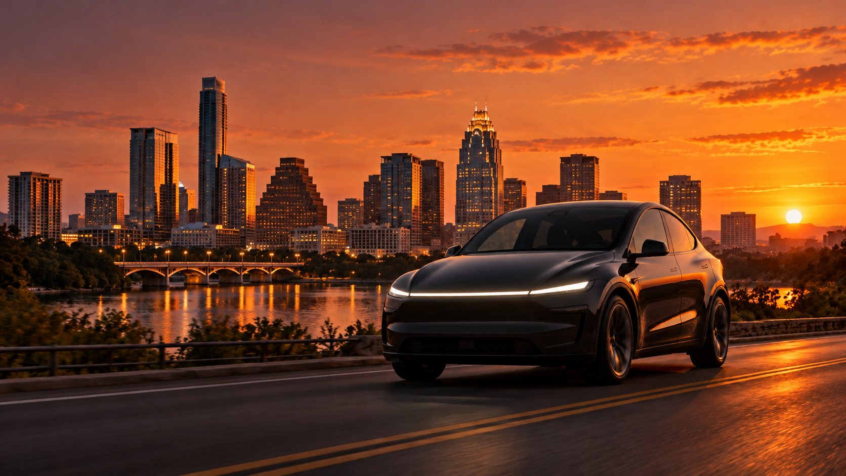 Robotaxi driving along Lady Bird Lake with the Austin skyline at sunset