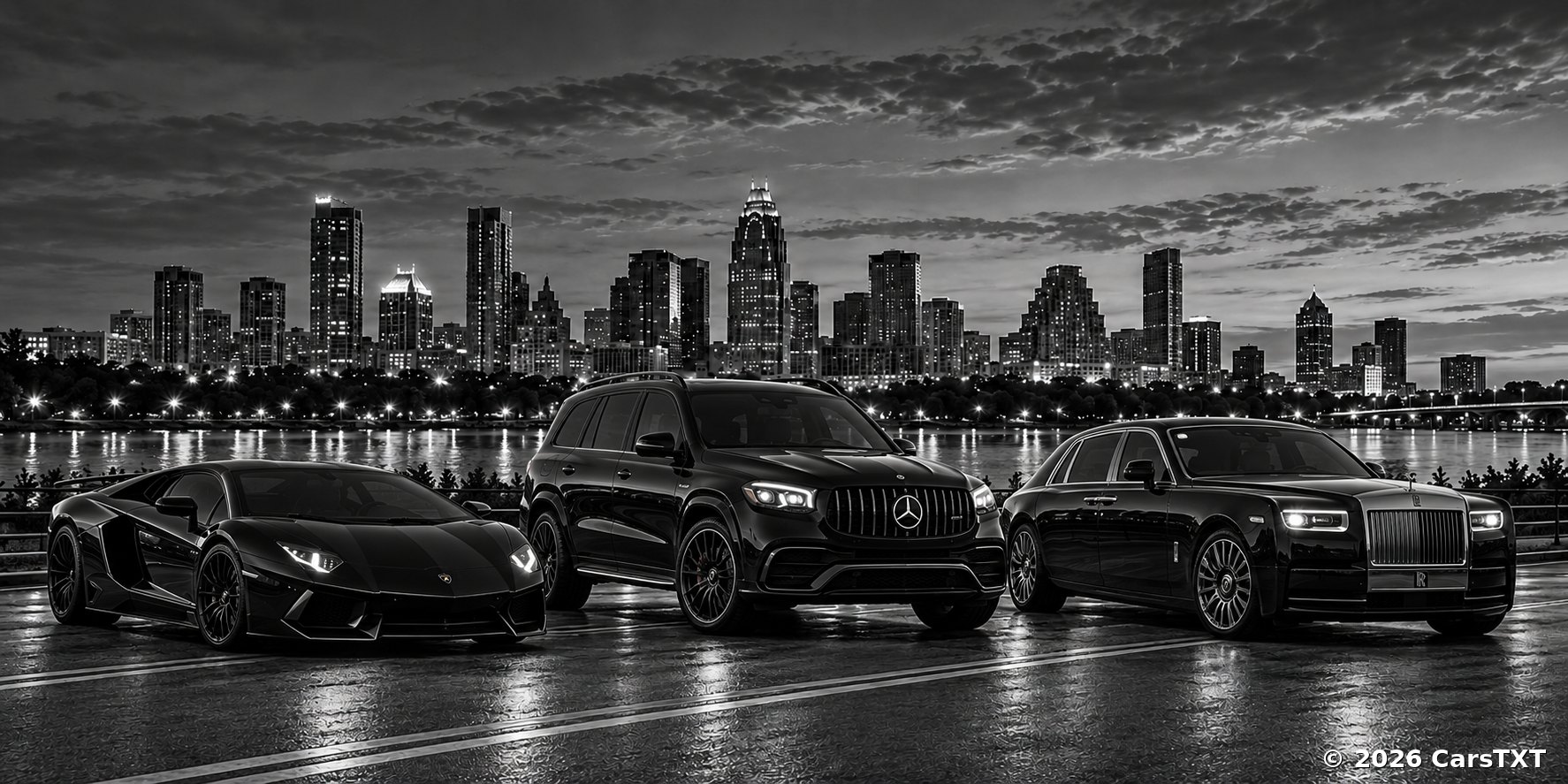 Three black luxury cars parked by the water with a city skyline at night
